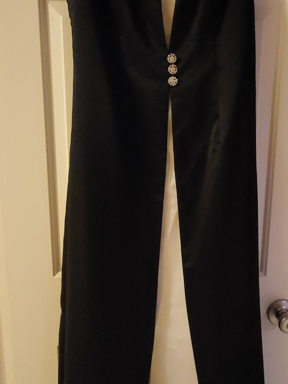 Classic Long Black Gown with Decorative Rhinestone Buttons